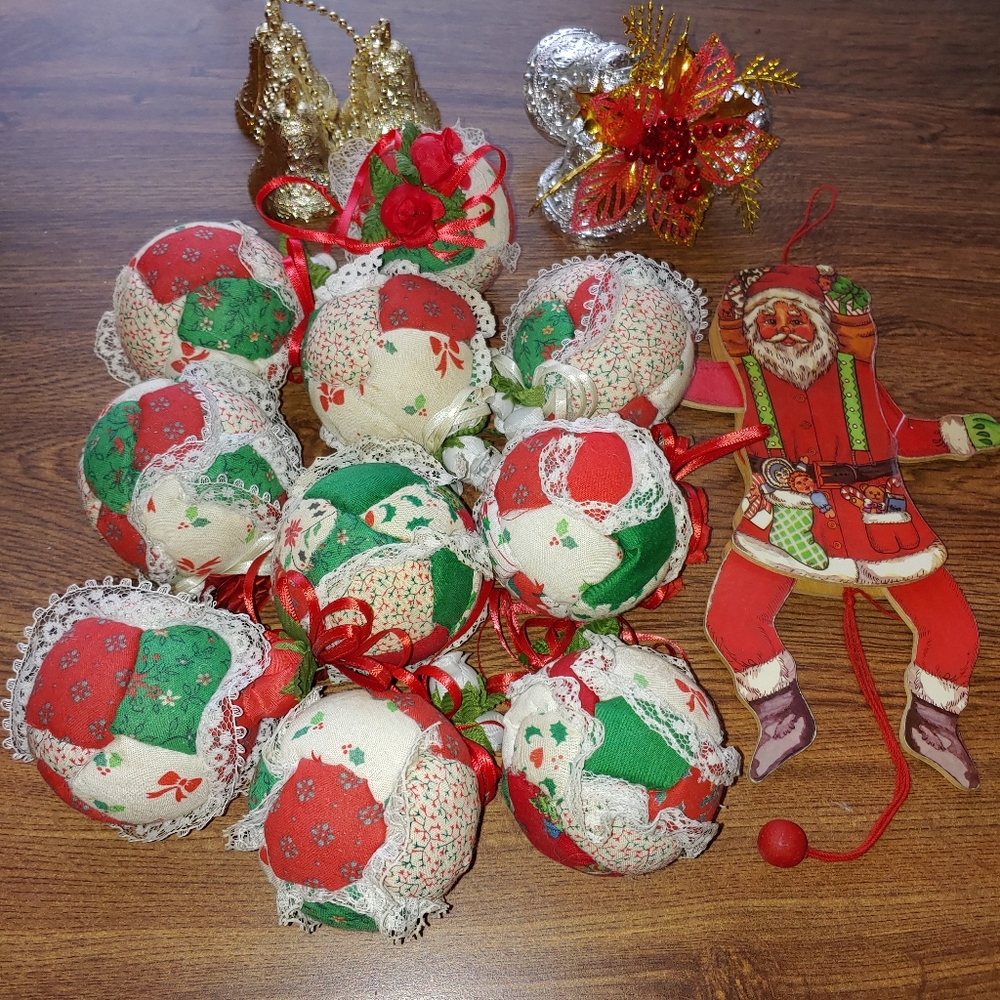 Christmas Tree Ornaments "balls" Handmade/Unusual Santa Pull + 2 sets of Bells